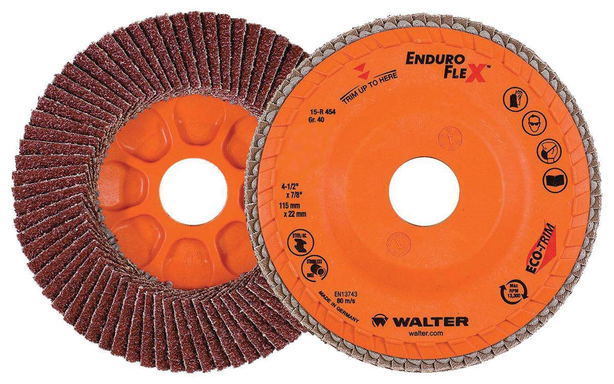 WALTER Enduro-Flex 15R454 Type 27 flap disc, 4.5-inch, 7/8-inch arbor, 40 grit for grinding and finishing applications.