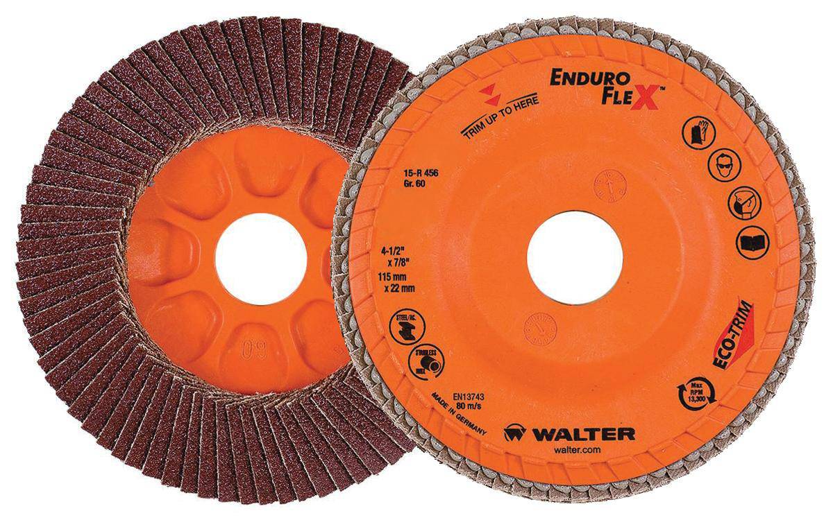 Walter Enduro-Flex 15R456 Type 27 flap disc, 4-1/2 inch, 7/8 inch arbor, 60 grit abrasive for grinding and finishing.