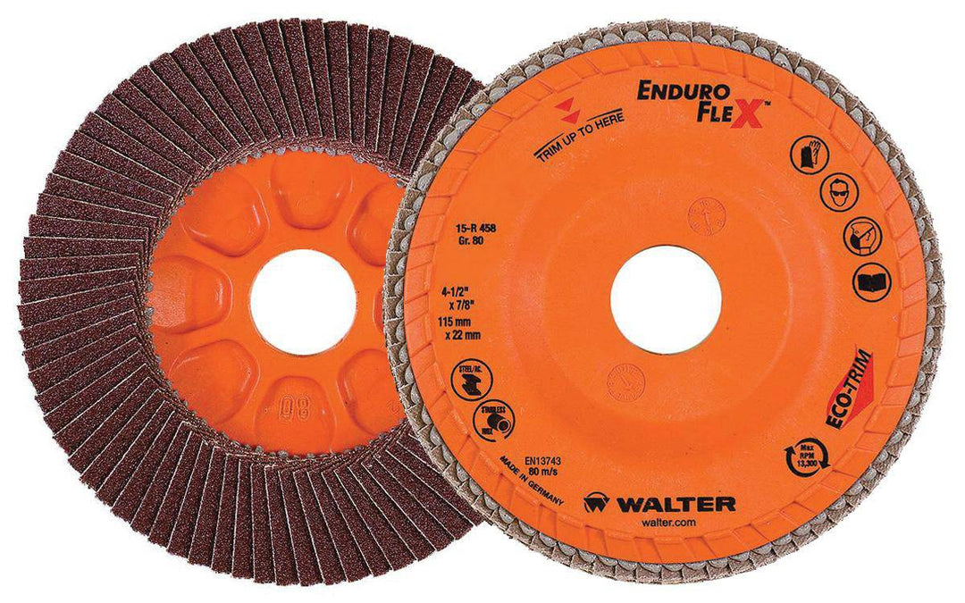 WALTER Enduro-Flex 15R458 Type 27 flap disc, 4.5 inch diameter, 7/8 inch arbor, 80 grit abrasive for grinding and finishing.