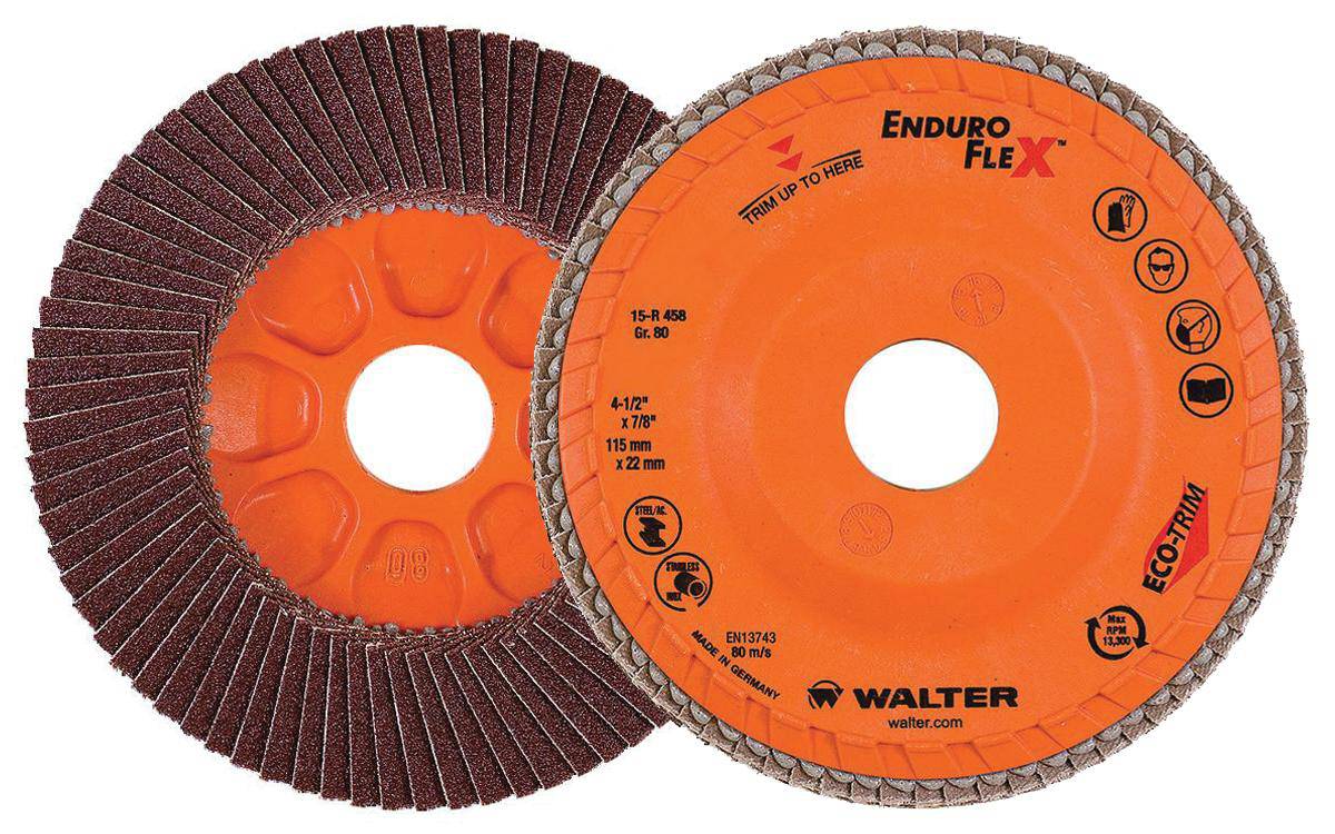 WALTER Enduro-Flex 15R458 Type 27 flap disc, 4.5 inch diameter, 7/8 inch arbor, 80 grit abrasive for grinding and finishing.