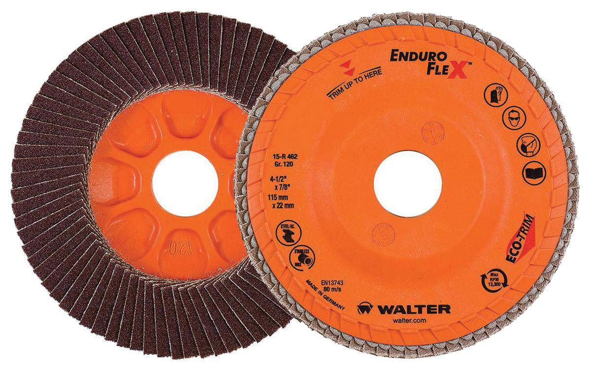 WALTER Enduro-Flex 15R462 Type 27 flap disc, 4.5-inch diameter, 7/8-inch arbor, 120 grit abrasive for grinding and finishing.