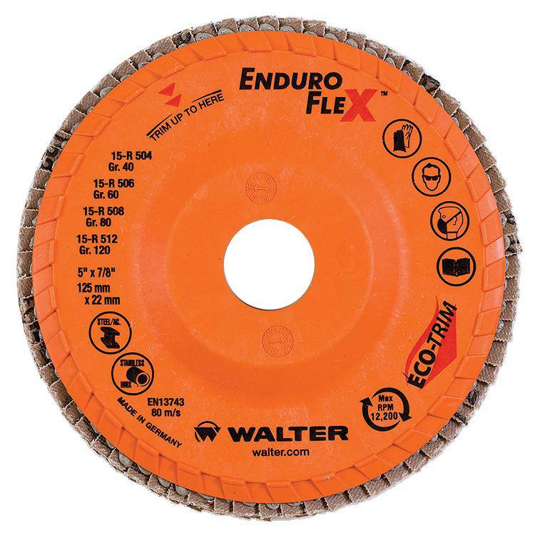 WALTER Enduro-Flex 15R506 Type 27 flap disc, 5 inch by 7/8 inch, with 60 grit abrasive for grinding and finishing surfaces.