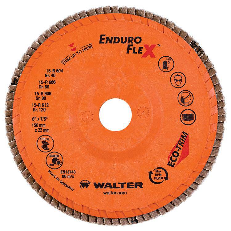 WALTER Enduro-Flex 15R608 Type 27 6-inch flap disc with 80 grit abrasive for grinding and finishing applications.