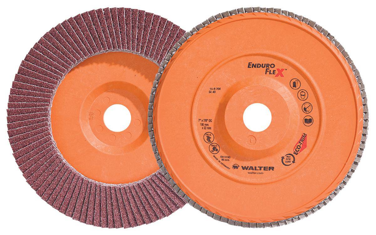 WALTER Enduro-Flex 15R704 Type 27 flap disc, 7-inch diameter, 40 grit, flexible abrasive disc for grinding and finishing.