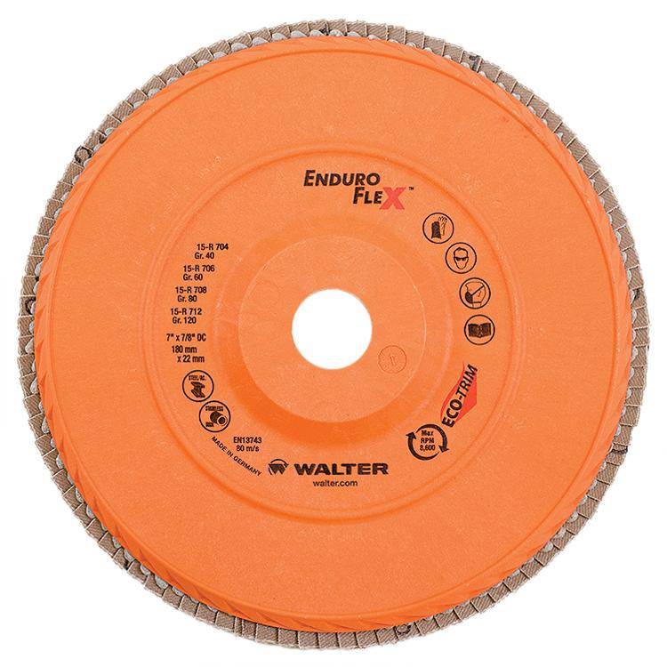 WALTER Enduro-Flex 15R712 Type 27 flap disc, 7-inch diameter, 7/8 inch arbor, 120 grit abrasive for grinding and finishing.