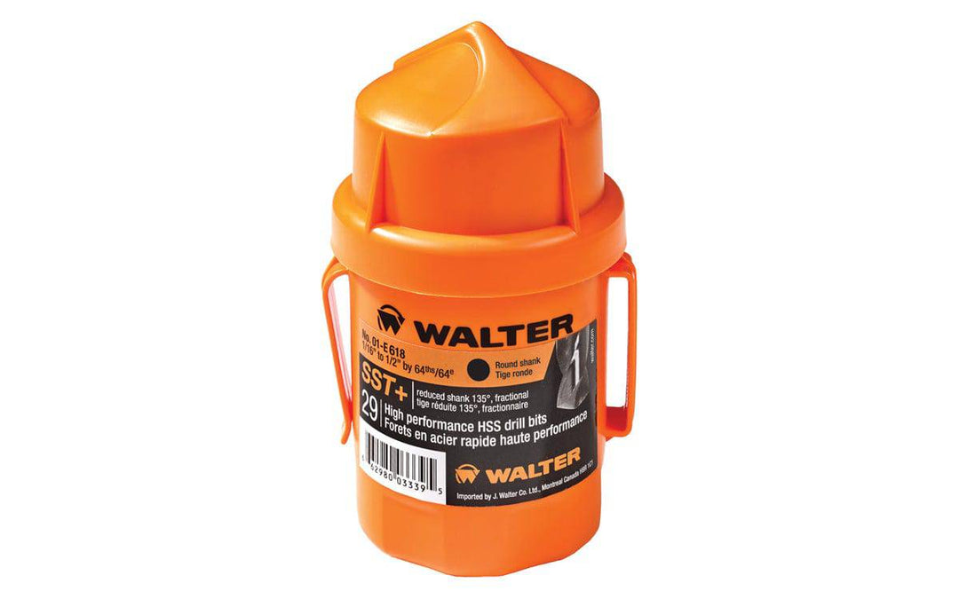 Walter 01E618 drill bit set with 29 SST jobber length drill bits in blue metal index box, 1/16 to 1/2 inch size, 135-degree round shank