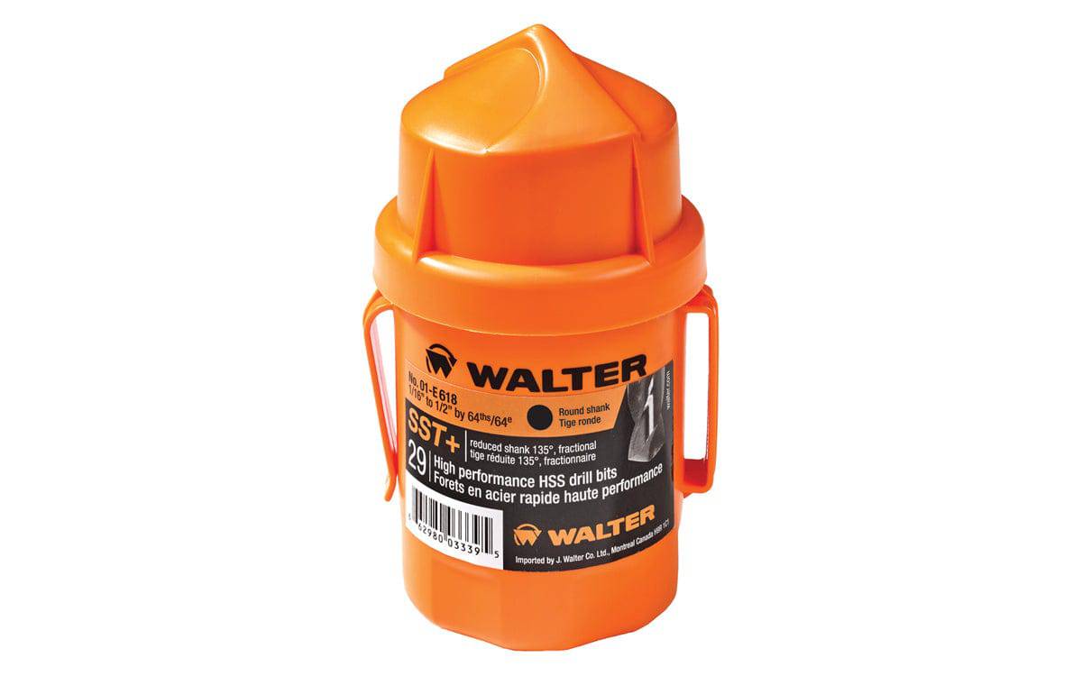 Walter 01E618 drill bit set with 29 SST jobber length drill bits in blue metal index box, 1/16 to 1/2 inch size, 135-degree round shank