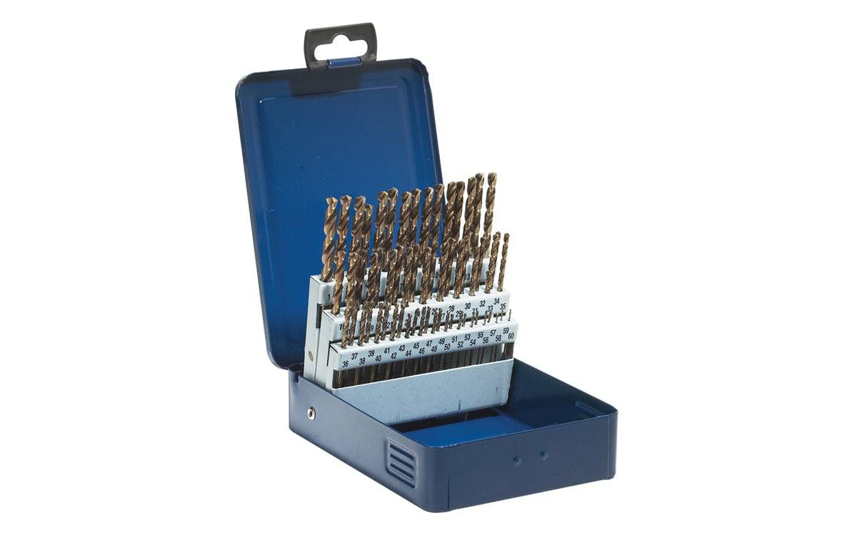 WALTER 01E619 1-60 SST drill set with storage box, includes various drill bits for metal and general drilling tasks.