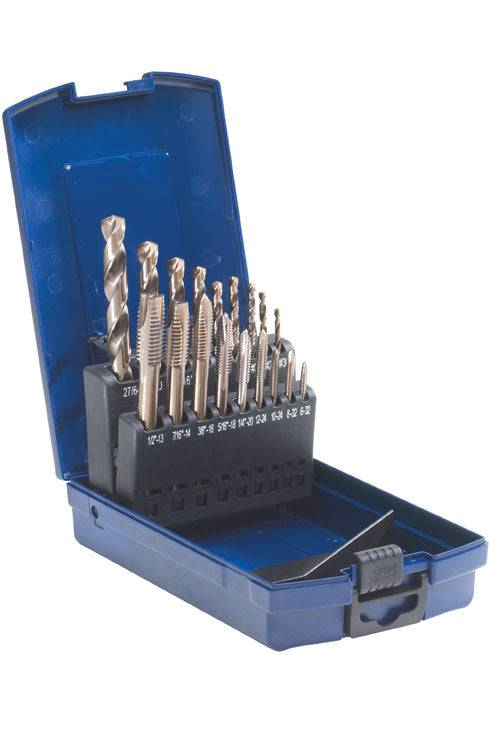 WALTER 03B953 18-piece SST power tap and drill set with high-speed steel tools for metalworking and precision drilling.