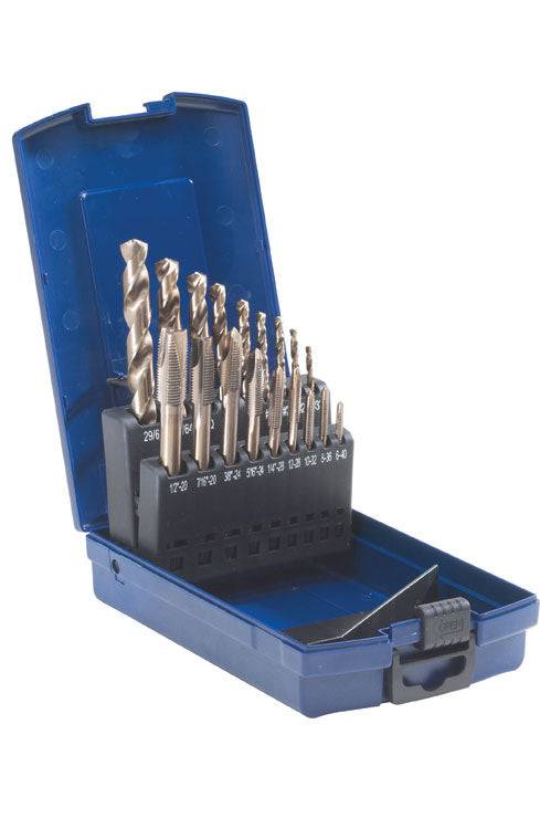 Walter 03B954 18-piece SST power tap and drill set showing various drill bits and taps arranged in the set