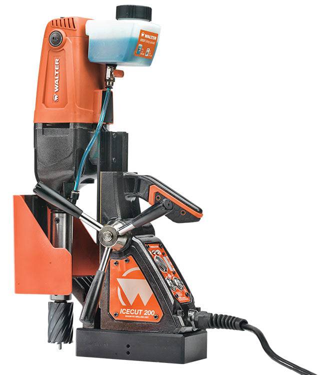 Walter Icecut 39D200 magnetic drilling unit with drill bit attached, showing its sturdy metal construction and magnetic base for industrial use.