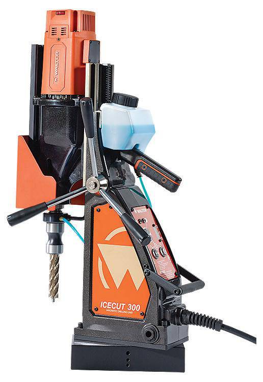 WALTER Icecut 39D300 magnetic drilling unit with drill bit attached, showcasing its robust design and magnetic base for precise drilling.