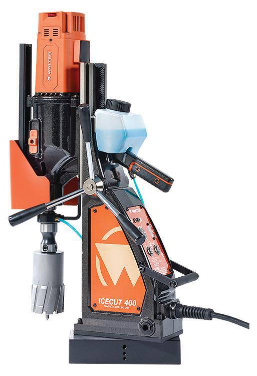 WALTER Icecut 39D400 magnetic drilling unit with drill bit attached, industrial-grade drill designed for metalworking applications.