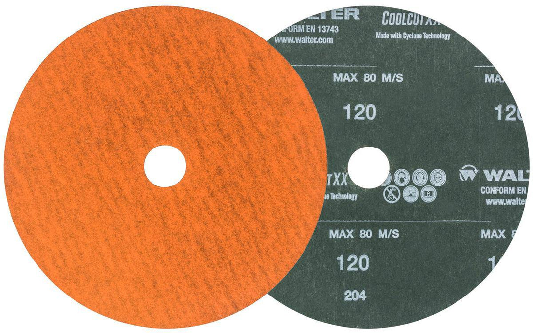 Walter CoolCut XX 15X712 fibre disc, 7-inch diameter, 120 grit aluminum oxide abrasive for grinding and surface prep.