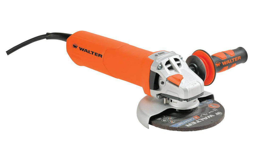 Walter 30A260 angle grinder with 9000 RPM, 12.2 Amp motor, 5/8-11 threaded spindle, black and silver design.