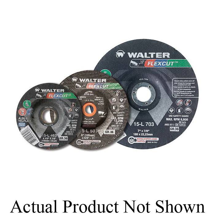 WALTER Flexcut 15-L 506 flexible Type 29S grinding wheel, 5-inch diameter, with 5/8-11 mounting for metal grinding.