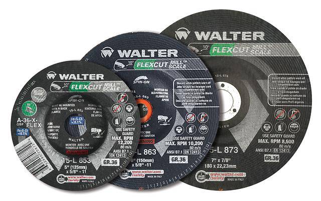 Walter Flexcut 15L873 7-inch Type 29 grinding wheel with GR 36 grit and mill scale surface for industrial grinding applications.
