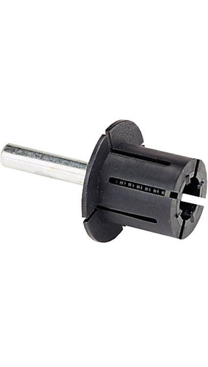 WALTER Blendex 07C003 1-inch by 8mm mandrel for grinding and polishing, shown with metal mandrel and attached abrasive wheel.