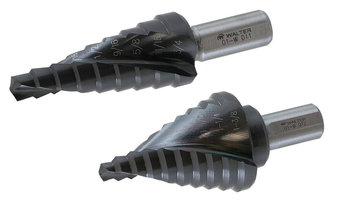 WALTER 01W011 multi-step drill bits set showing various step sizes for drilling different hole diameters in metal and wood.