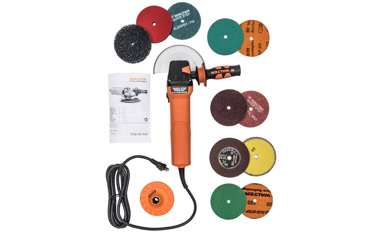 WALTER 30A277 Quick-Step Sander and Polisher Kit, 120V, showing the power tool with attachments for polishing and sanding.
