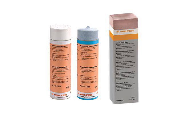 Walter 07-T 901 white polishing compound, 600g, for metal polishing and finishing, shown in a clear container.