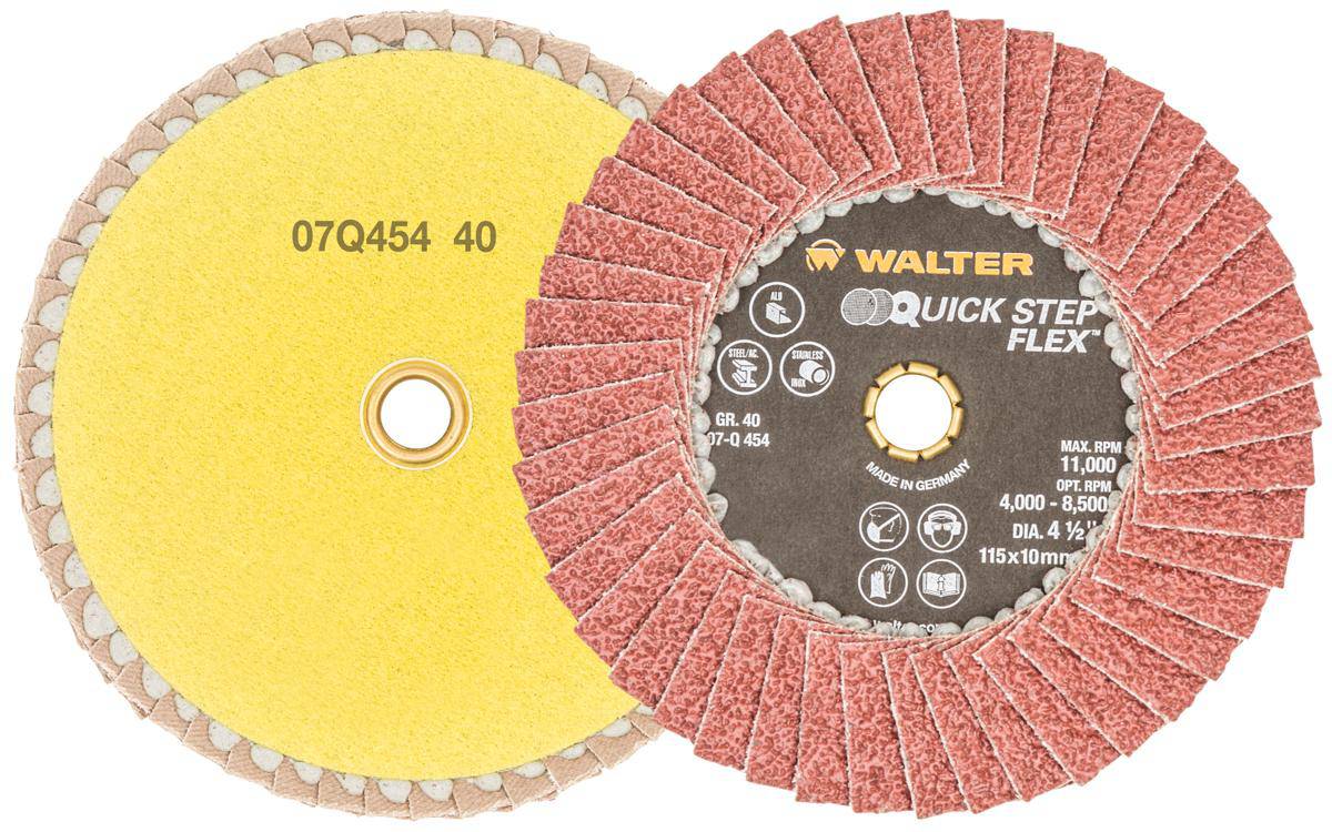 Walter 07Q454 4.5-inch quickchange flex flap disc with 40 grit for grinding and finishing tasks on metal surfaces.