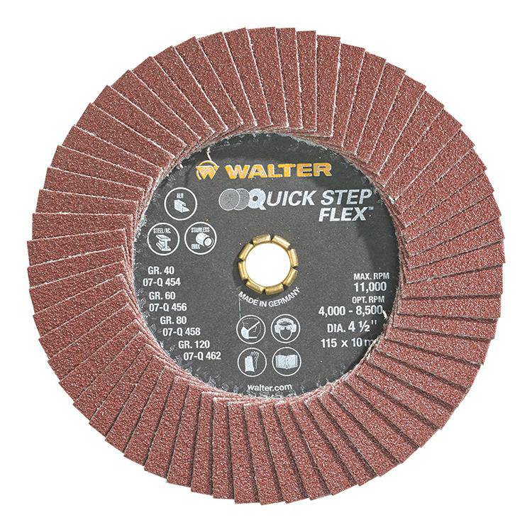 WALTER 07Q458 quickchange 4.5-inch x 10mm 80 grit Flex Flap Disc for grinding and finishing applications.