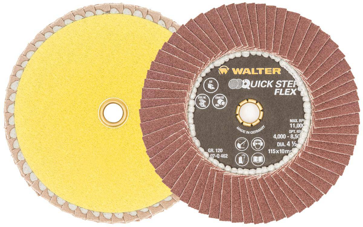 Walter 07Q462 Quickchange 4.5-inch x 10mm 120 Grit Flex Flap Disc for grinding and finishing applications.