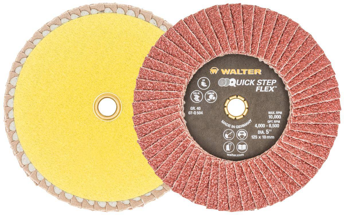 WALTER 07Q504 5-inch quickchange flex flap disc with 40 grit for grinding and finishing on metal surfaces.