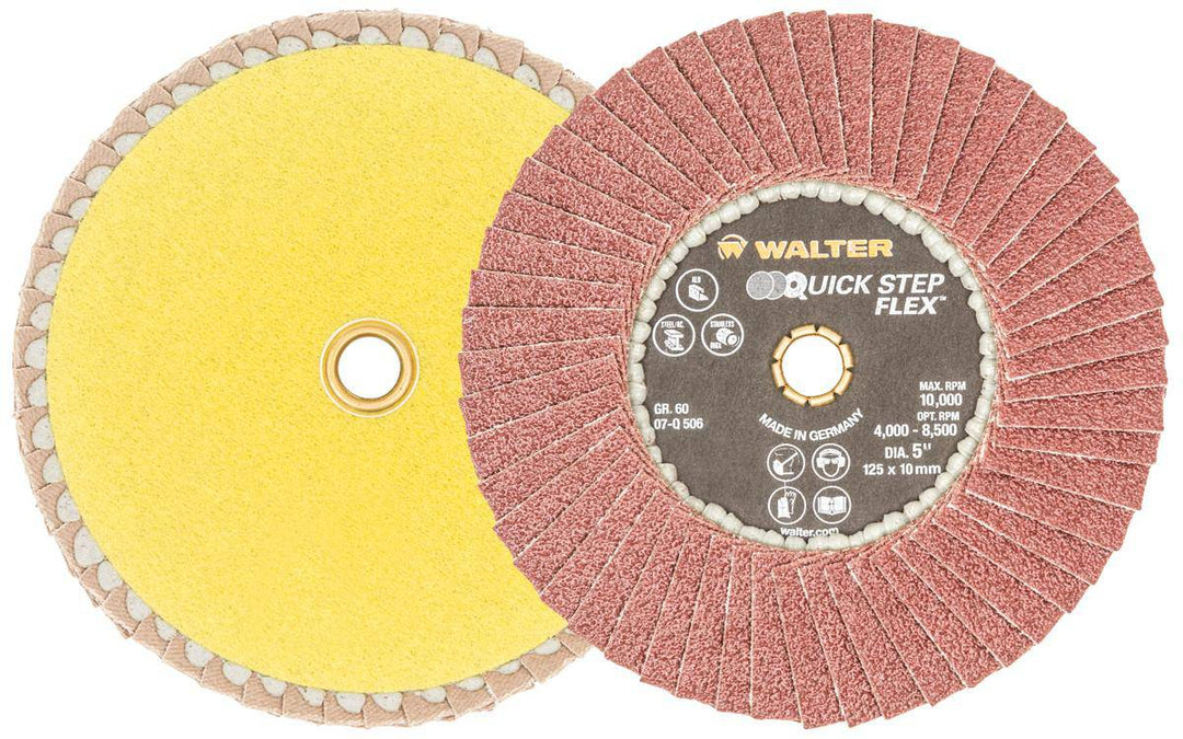 WALTER 07Q506 quickchange 5-inch x 10mm 60 grit quick-step flex flap disc for grinding and surface finishing.