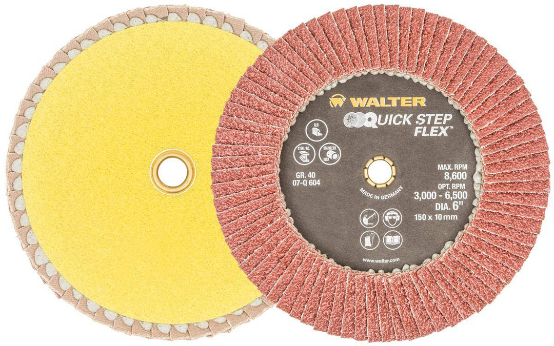 WALTER 07Q604 quickchange 6-inch x 10mm 40 grit flex flap disc for grinding and finishing applications on power tools.