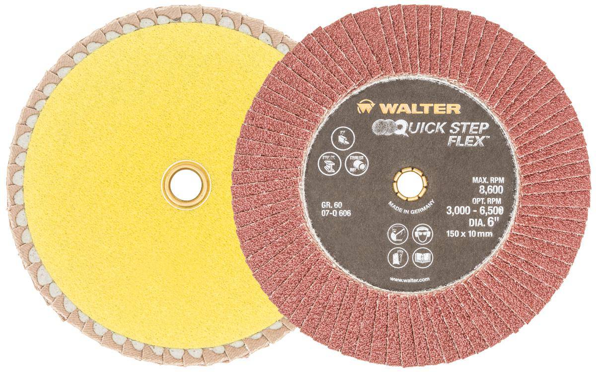 WALTER 07Q606 6-inch quickchange flex flap disc with 60 grit for grinding and finishing metal surfaces.