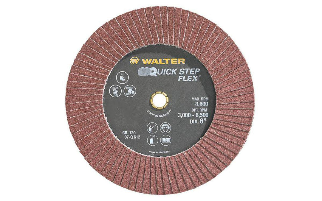 WALTER 07Q612 6-inch quickchange flex flap disc with 120 grit for grinding and finishing applications on power tools.