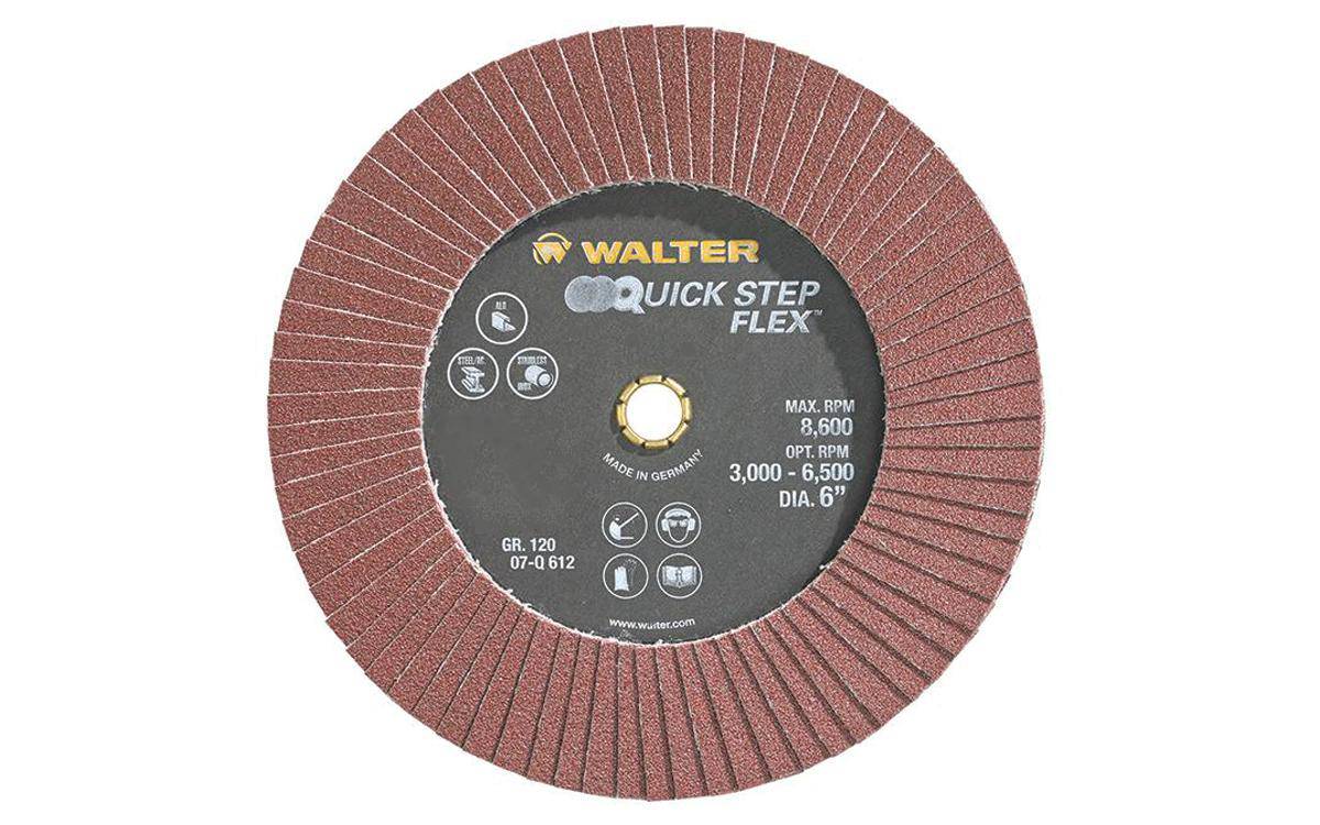 WALTER 07Q612 6-inch quickchange flex flap disc with 120 grit for grinding and finishing applications on power tools.