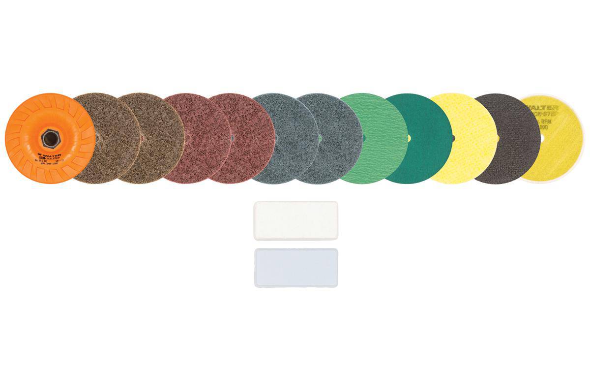 WALTER 07Q953 4.5-inch x 5/8-inch quickchange grit Flex flap disc in an 11-pack, designed for grinding and finishing tasks.
