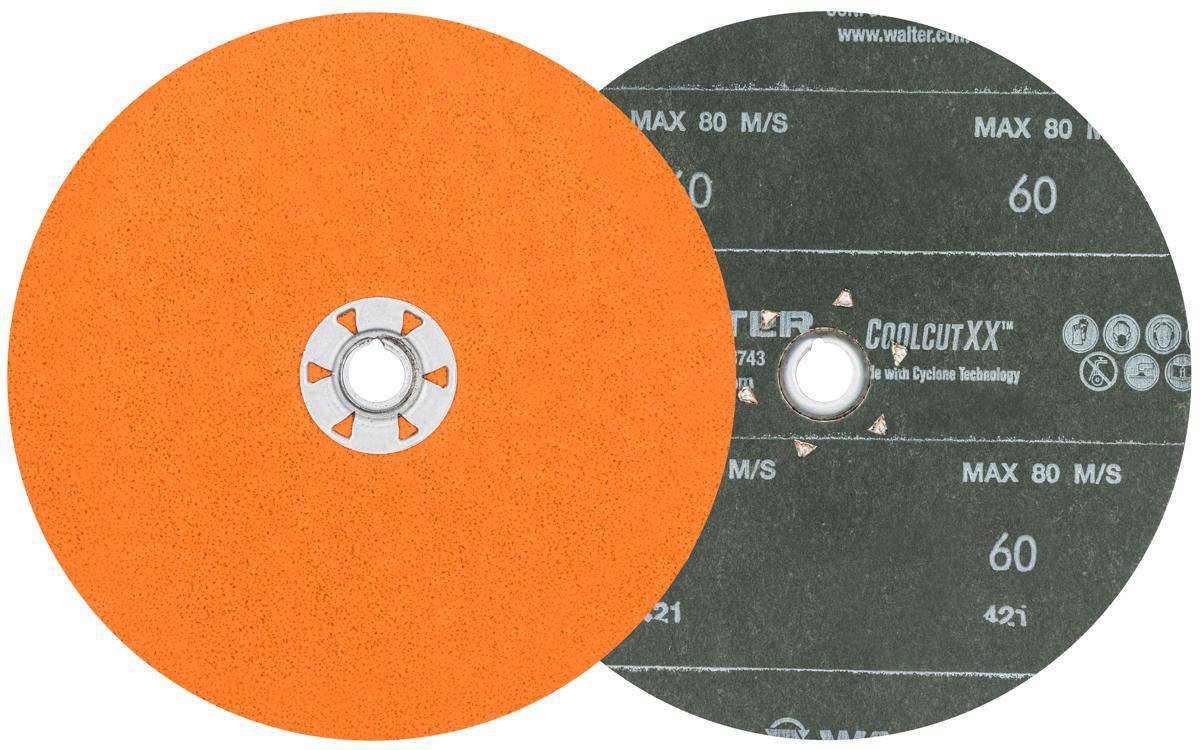 Walter CoolCut XX 15X726 7-inch quickchange fibre disc with 60 grit aluminum oxide for grinding and surface finishing.