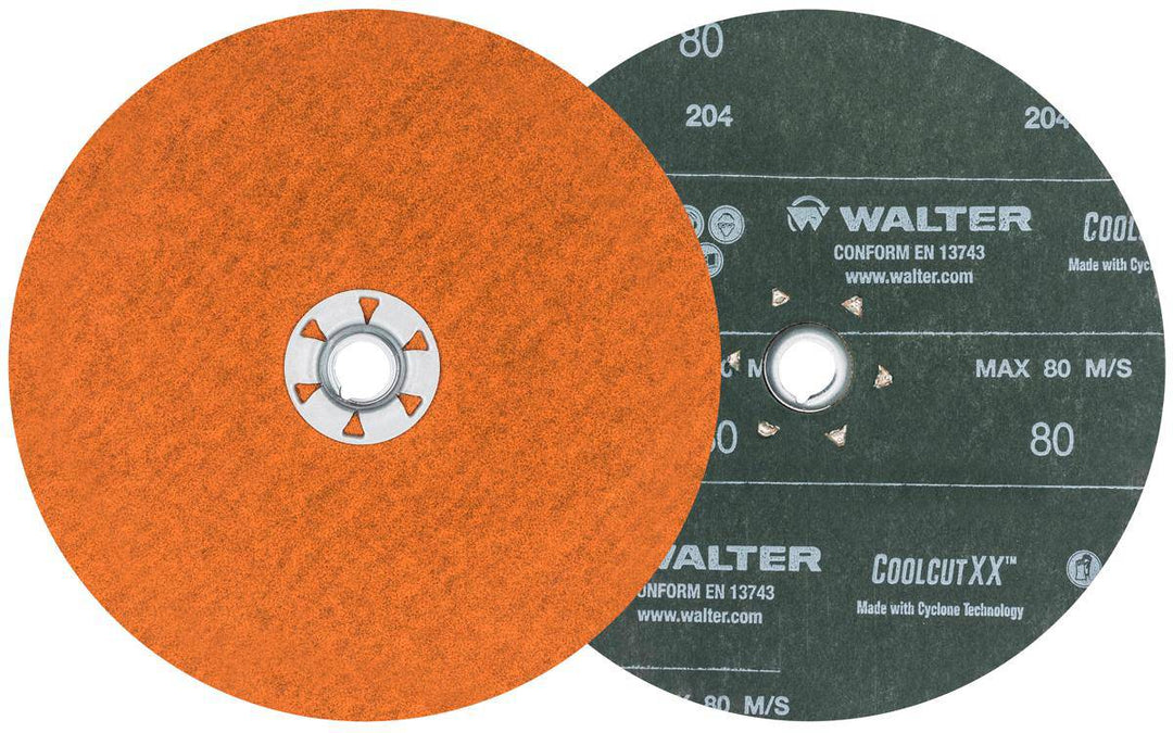 Walter CoolCut XX 15X728 7-inch 80 Grit aluminum oxide quickchange fibre disc for grinding and surface finishing.