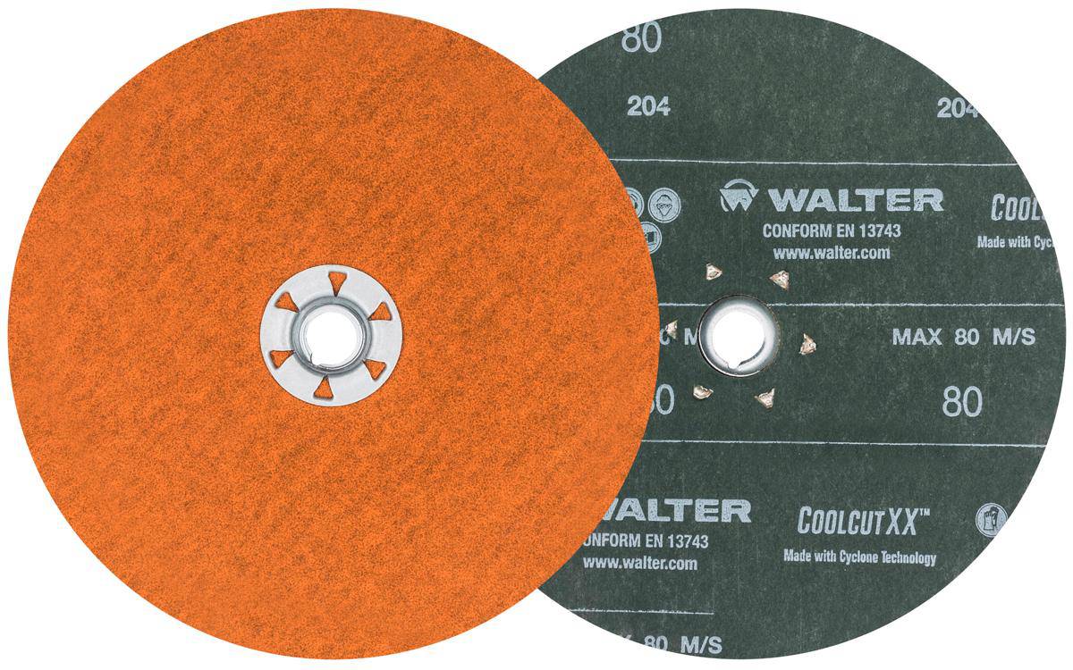 Walter CoolCut XX 15X728 7-inch 80 Grit aluminum oxide quickchange fibre disc for grinding and surface finishing.
