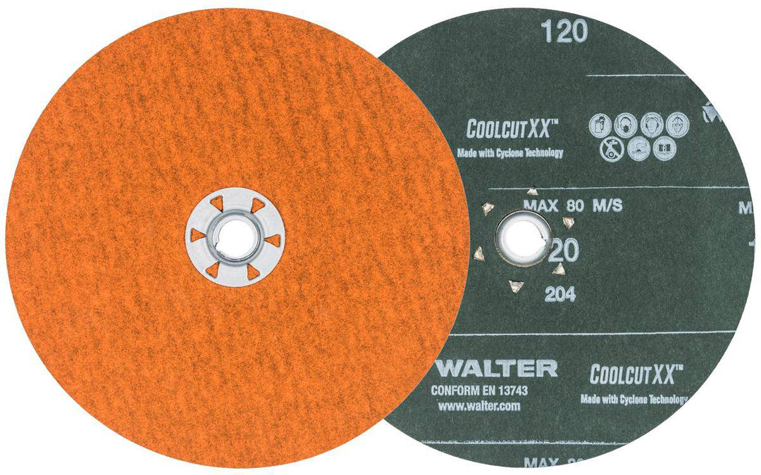 Walter CoolCut XX 15X732 7-inch 120 Grit Aluminum Oxide Quickchange Fibre Disc for grinding and finishing applications.