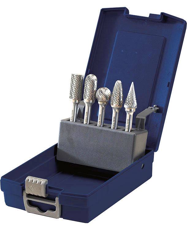 WALTER 01V990 Carbide Burr Set with various regular carbide burrs for metal grinding and shaping tools.