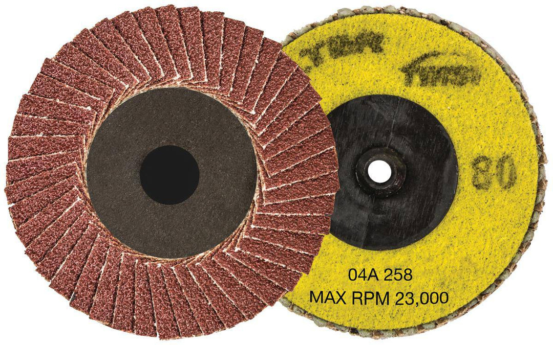 Walter 04A258 2.5-inch Roloc Twist Flap Disc with 80 grit for grinding and finishing on metal surfaces.
