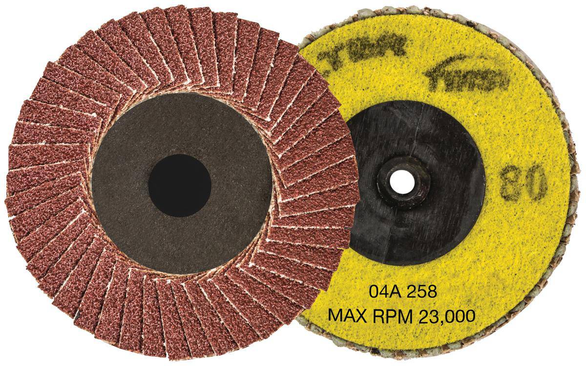 Walter 04A258 2.5-inch Roloc Twist Flap Disc with 80 grit for grinding and finishing on metal surfaces.