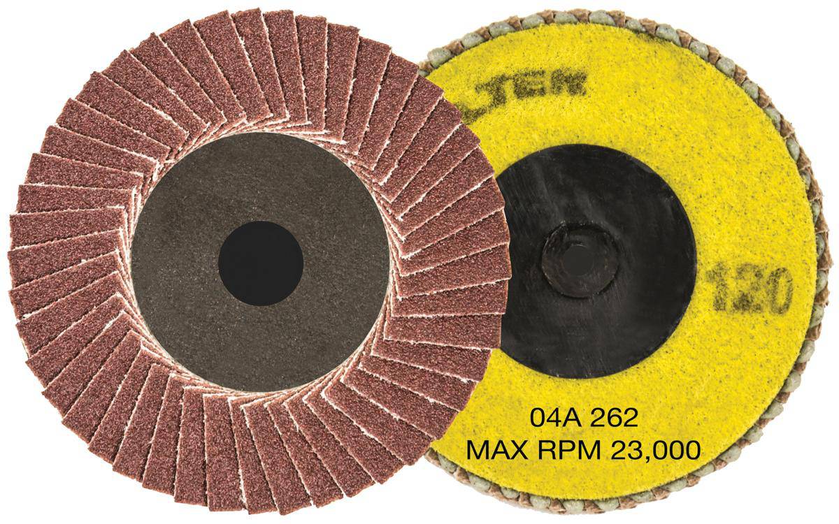 Walter Roloc 04A262 2.5-inch twist flap disc with 120 grit for grinding and finishing on metal surfaces.