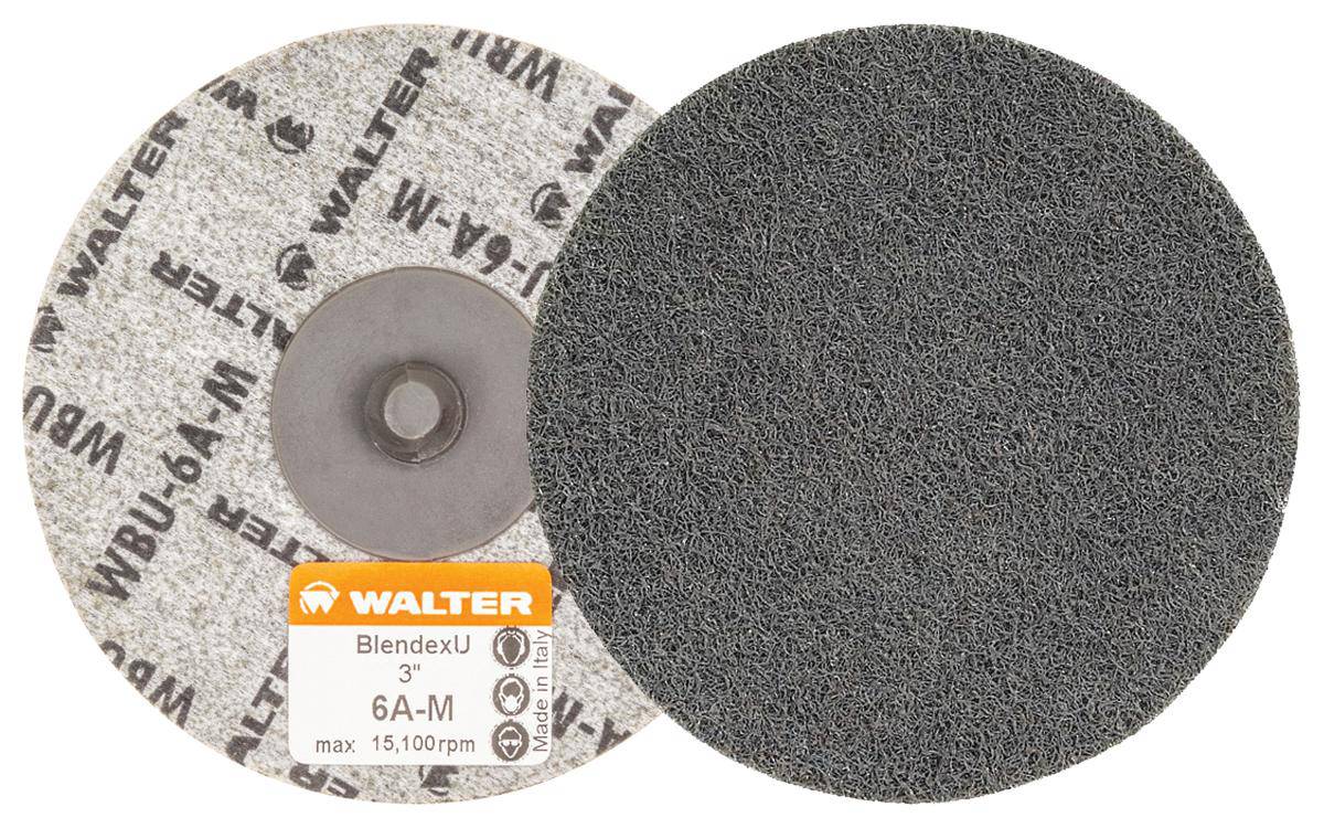 WALTER Blendex 04U323 3-inch Roloc Discs with Twist-6Am abrasive surface for grinding and surface finishing.