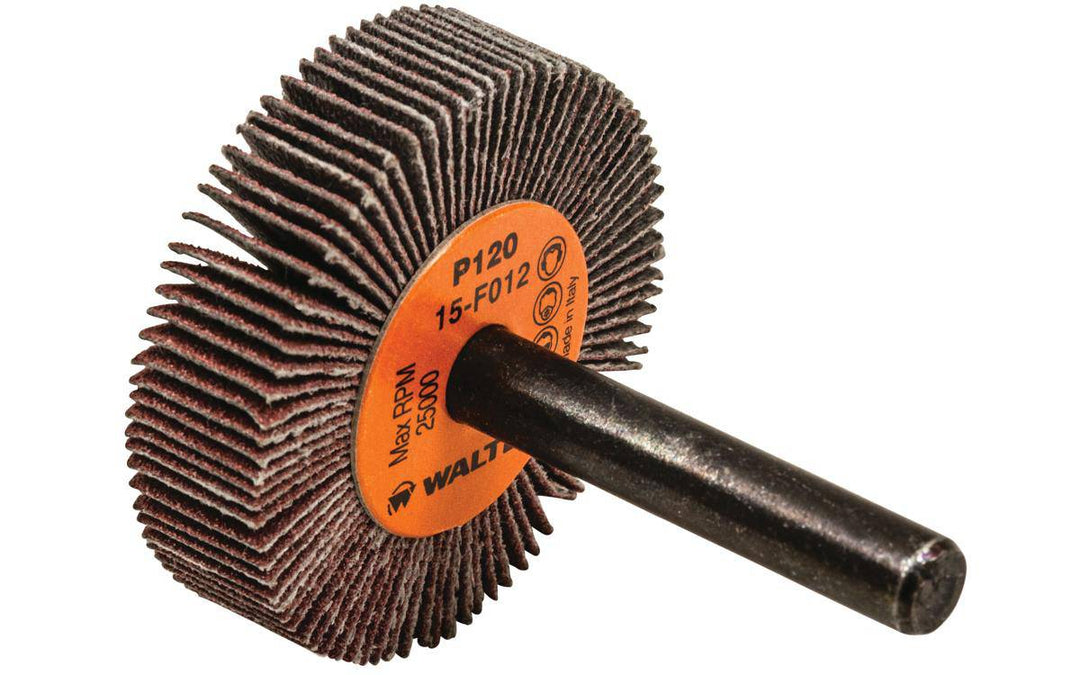 Walter 15F012 aluminum oxide shank-mounted flap wheel with 1-1/2 inch diameter and 120 grit abrasive for metal polishing.