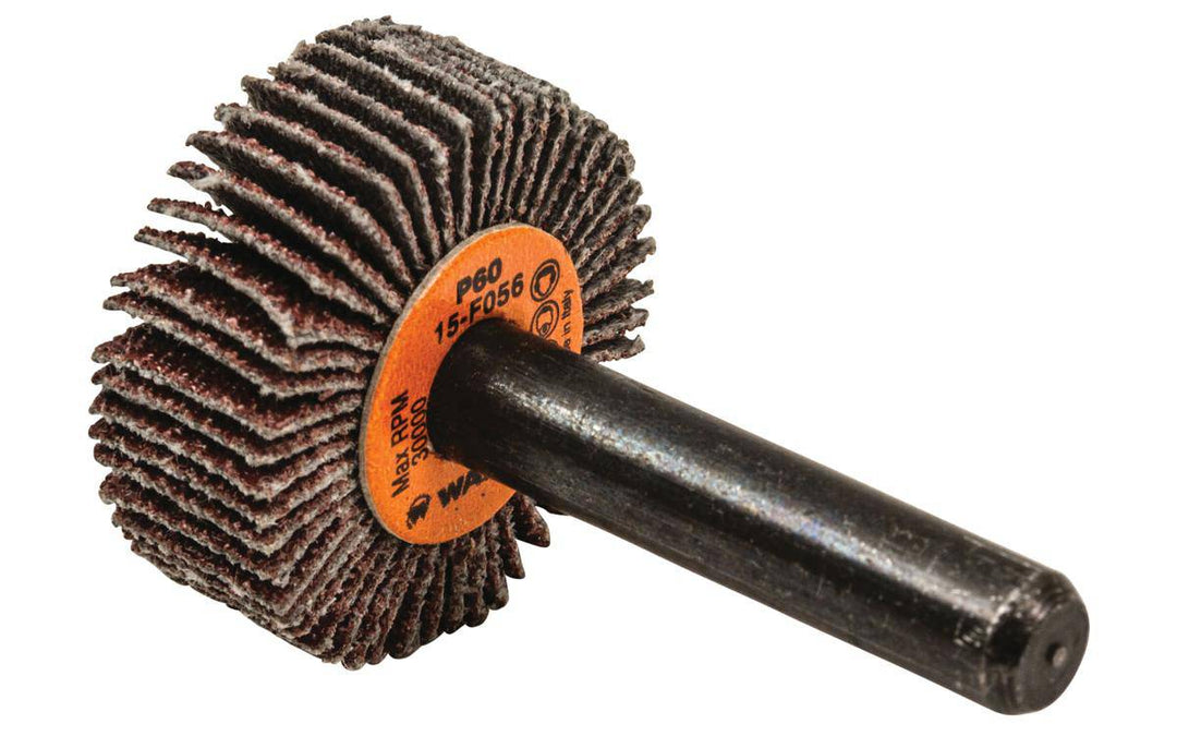 Walter 15F056 aluminum oxide shank-mounted flap wheel, 1 inch x 3/8 inch x 1/4 inch, with 60 grit for grinding and finishing.