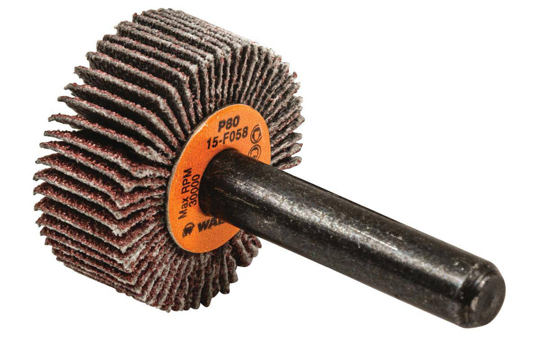 Walter 15F058 aluminum oxide shank-mounted flap wheel, 1 inch x 3/8 inch x 1/4 inch, 80 grit for grinding and finishing.