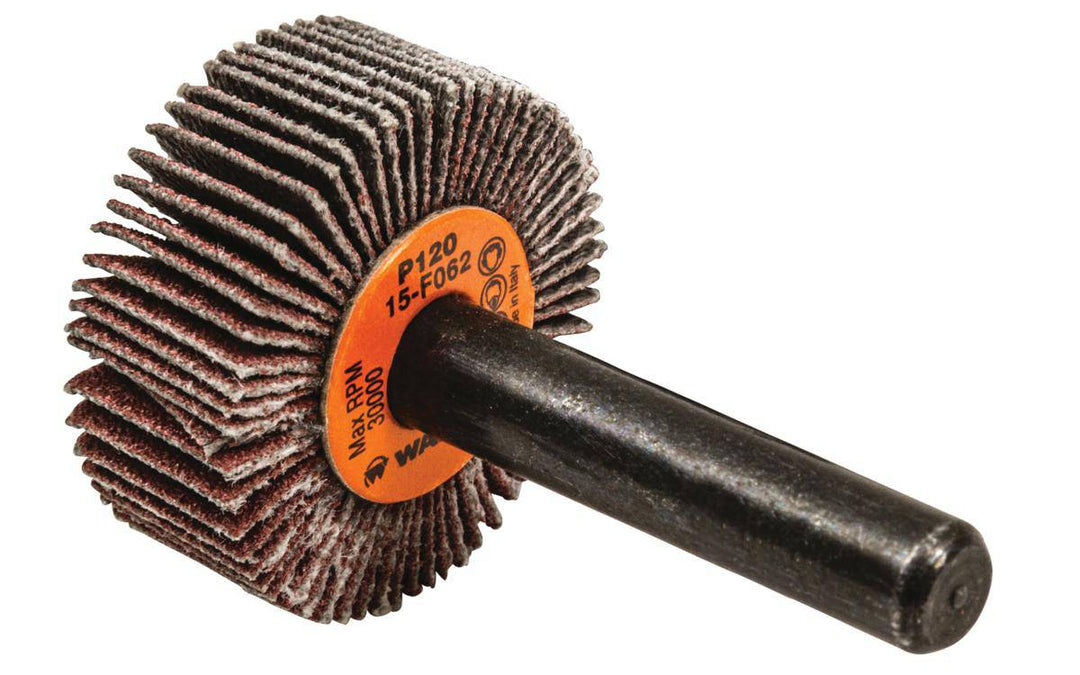 WALTER 15F062 aluminum oxide shank-mounted flap wheel with 1 inch diameter, 3/8 inch, 1/4 inch shank, 120 grit abrasive surface