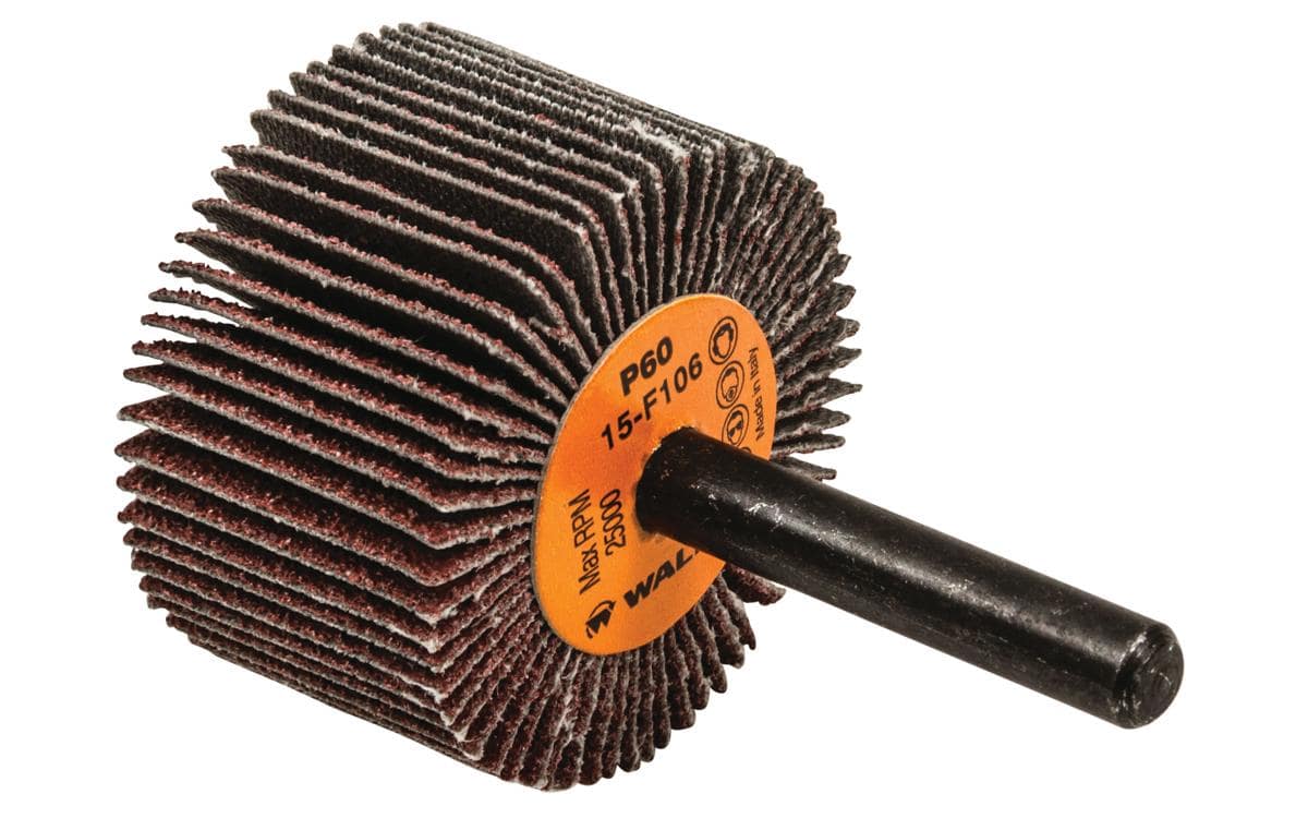 WALTER 15F106 aluminum oxide shank-mounted flap wheel with 1-1/2 inch diameter, 1 inch width, 1/4 inch shank, 60 grit abrasive.
