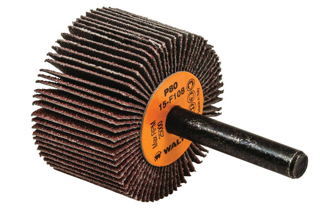 Walter 15F108 aluminum oxide shank-mounted flap wheel with 1-1/2 x 1 x 1/4 inch size and 80 grit abrasive for grinding and finishing.